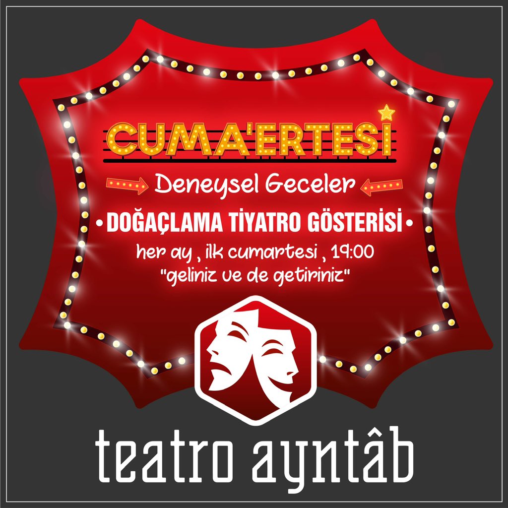 cuma'ertesi;
deneysel geceler🦚
"doğaçlama tiyatro gösterisi"
✒️
v.10.: frida, gaziantep🍀🎭
✒️
📮3 Haziran Cumartesi
⏰19:00 (her ay, ilk cumartesi)
🎈Frida, Gaziantep
[Güneykent, Üniversite Blv., Şahinbey]
✒️
"geliniz ve de getiriniz"