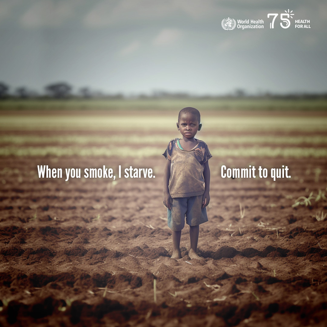 When you smoke, millions starve. Not to mention tobacco use kills 8M people 💀 every year. Quitting 🚭 can contribute to better #HealthForAll. This #WorldNoTobaccoDay, support farmers to grow nutritious crops by saying #NoTobacco today & always 👉bit.ly/3qHcEYB