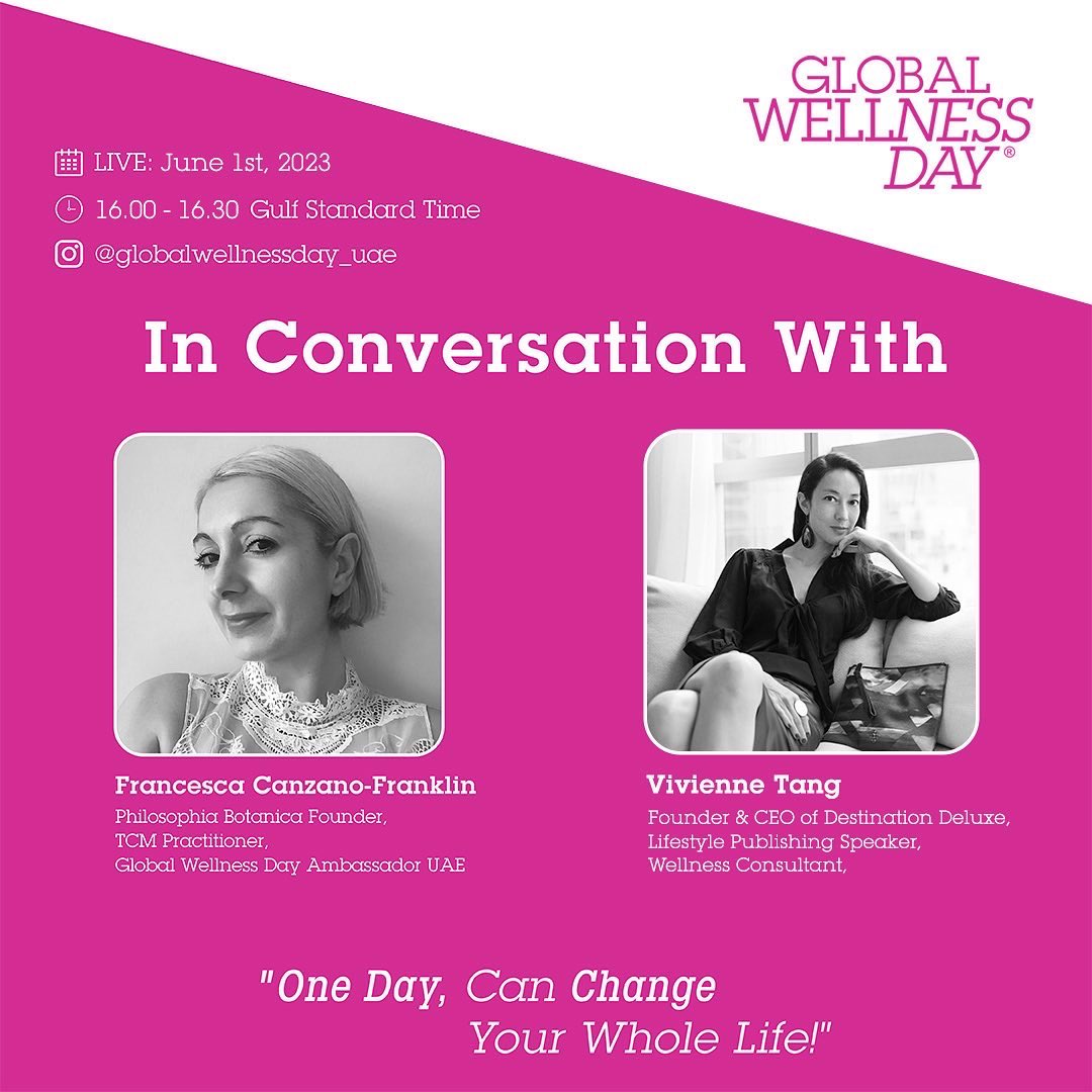 VivienneTang's tweet image. In honour of @wellness_day (June 10) Francesca Canzano-Franklin will interview me tomorrow. We‘ll talk about all things wellness and @DestinDeluxe on the Global Wellness Day UAE Instagram account. Tune in on June 1 at 14:00 (CET). 

#GlobalWellnessDay #DanceMagenta #wellness
