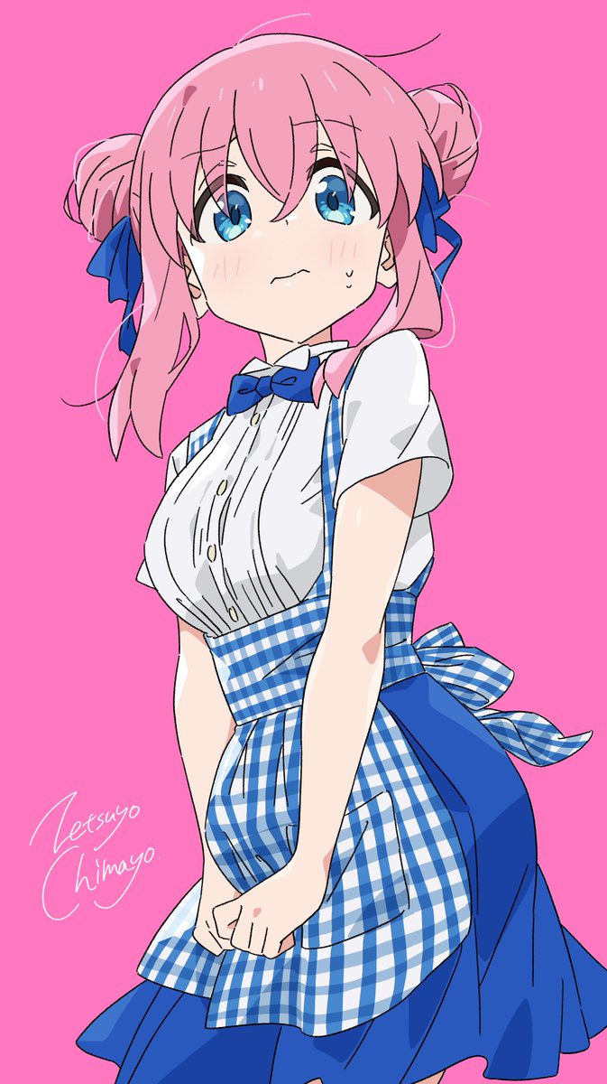 1girl solo hair bun pink hair blue apron skirt blue eyes  illustration images