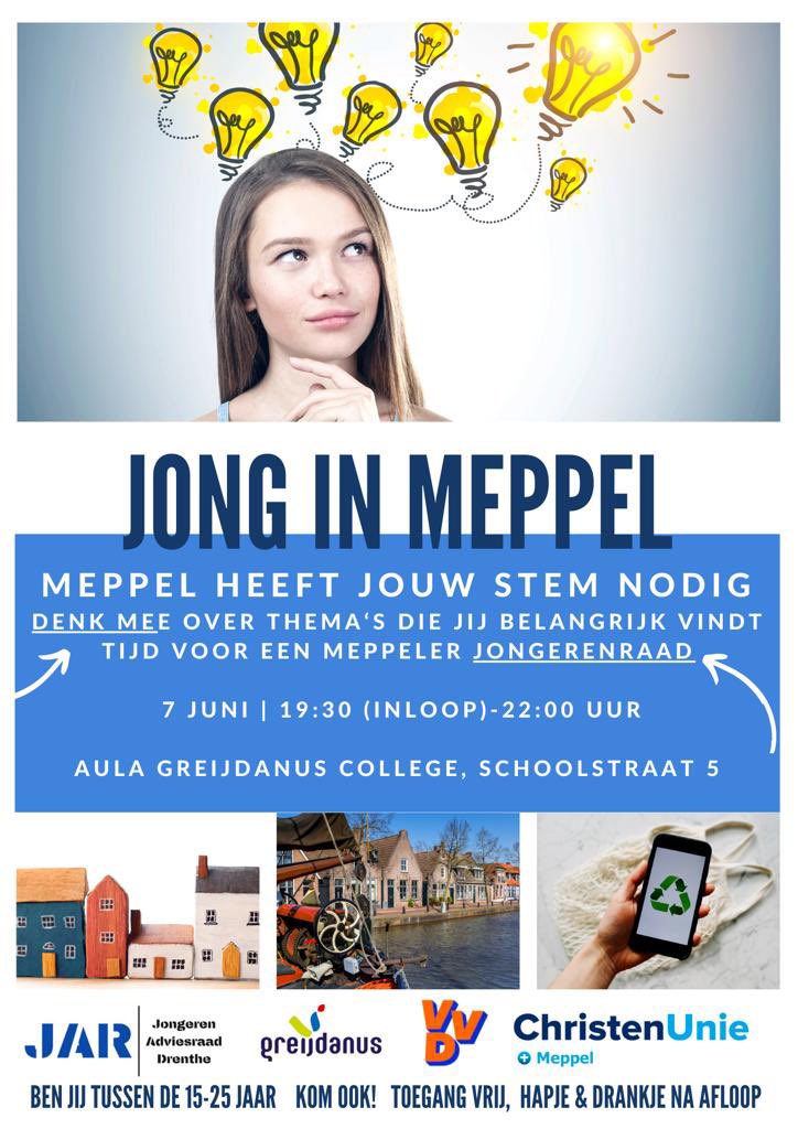 CUMeppel's tweet image. Samen met @VVDMeppel organiseert @CUMeppel een avond met en voor jongeren hoe jongeren hun stem in de gemeente het beste kunnen laten horen. Ben je jong of heb je hart voor jongeren? Van harte welkom!