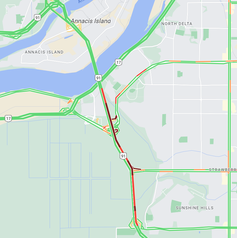 ⚠️#AlexFraserBridge - Northbound vehicle incident is blocking the left lane. 
Crews on scene.
Expect delays due to congestion. 
#BCHwy91 #DeltaBC