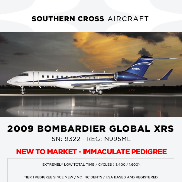 New to market - 2009 #Bombardier #Global #XRS at Southern Cross Aircraft
Immaculate pedigree, turnkey
More details at:  https://t.co/EegV1dJ1Bx
#bizjet #bizav #aircraftforsale #privatejet

Join our mailing list here: https://t.co/Qb5ens9P23