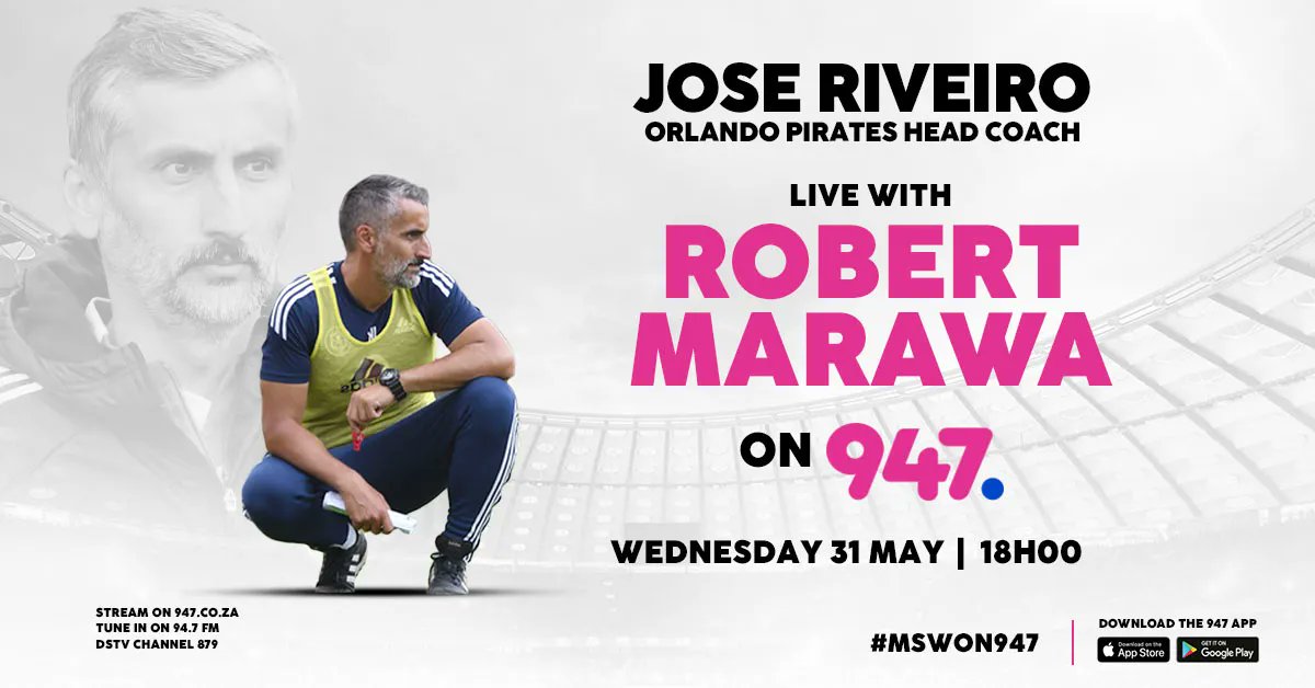 🚨 @orlandopirates Head Coach Jose Riveiro chats to @robertmarawa on Wednesday 31 May at 18h00. 

#RobertMarawaOn947 #MSWOn947

🎥 Live stream: 
youtube.com/947Joburg 

📻 Audio: 
947.co.za 

📲 WhatsApp voice note:
060 708 0484