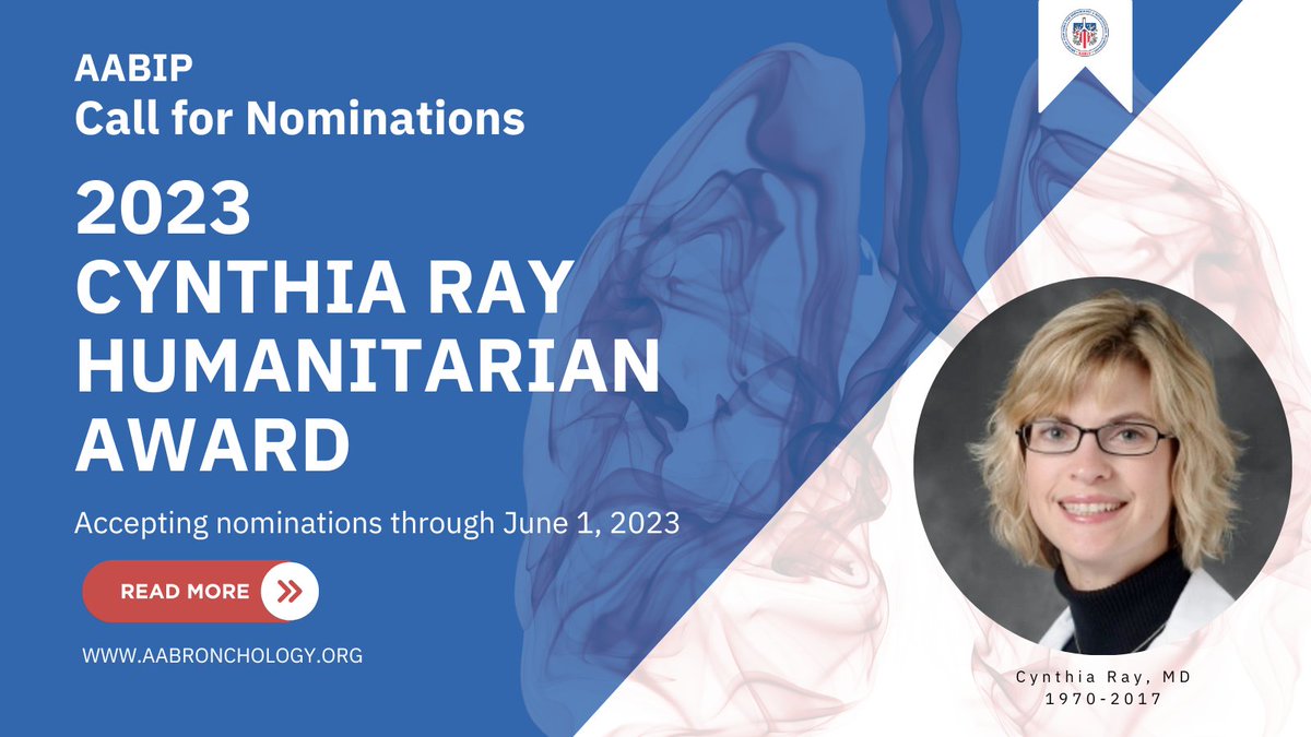 AABIP is proud to announce the 2023 Cynthia Ray Humanitarian Award Please submit a nomination for the 2023 AABIP Cynthia Ray Humanitarian Award Deadline: Thursday, June 1, 2023 aabronchology.org/cynthia-ray-hu…