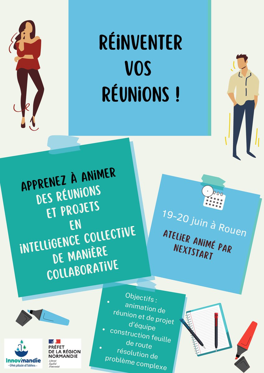 Formation "Réinventer vos réunions" du 19 et 20 juin à Rouen. Des places sont encore disponibles ! Ouverte à tous les agents publics normands. Inscription sur Saphire 👉 …ndie.safire.fonction-publique.gouv.fr/web/normandie/… Prise en charge par le Lab Innov'Mandie et animée par NextStart.fr