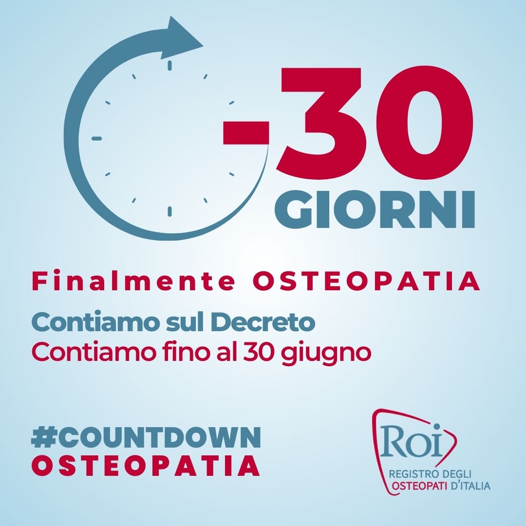 #COUNTDOWNOSTEOPATIA
-30 giorni al #DecretoMilleproroghe
Manca solo un mese alla scadenza fissata dal “Decreto Milleproroghe” per arrivare al traguardo e concludere l’iter della legge che istituisce la nostra professione.
<a href="/mur_gov_/">Ministero dell'Università e della Ricerca</a>
<a href="/BerniniAM/">Anna Maria Bernini 🇮🇹</a>
<a href="/MinisteroSalute/">Ministero della Salute</a>
<a href="/marcellogemmato/">Marcello Gemmato 🇮🇹</a>