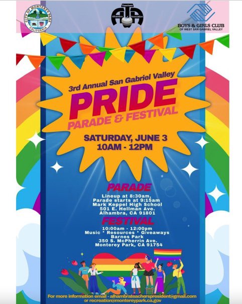 alhambrausd's tweet photo. Saturday‼️
🏳️🌈@CityofMPK #AlhambraTeachersAssociation, #BoysandGirlsClubofWestSanGabrielValley @wsgvbgc
3rd annual SGV PRIDE PARADE & FESTIVAL ❤️🧡💛💚💙💜
SATURDAY, JUNE 3, 2023
PARADE @MarkKeppelHigh
Gather 8:30am / depart 9:15 am
FESTIVAL #BarnesPark 10am @CityofMPK https://t.co/IpzYIWMp7P