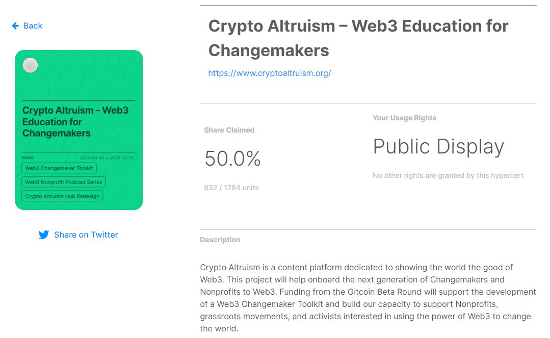 Crypto_Altruism's tweet photo. ICYMI - We minted our hypercert for the #GitcoinBeta round! 🙌

For those who supported our project, make sure to claim your share! 👉https://t.co/Vk7BLNN6AD

Walkthrough on how to claim from our friends at @gitcoin: https://t.co/wD7tL7icdF https://t.co/cKLUJwknpQ