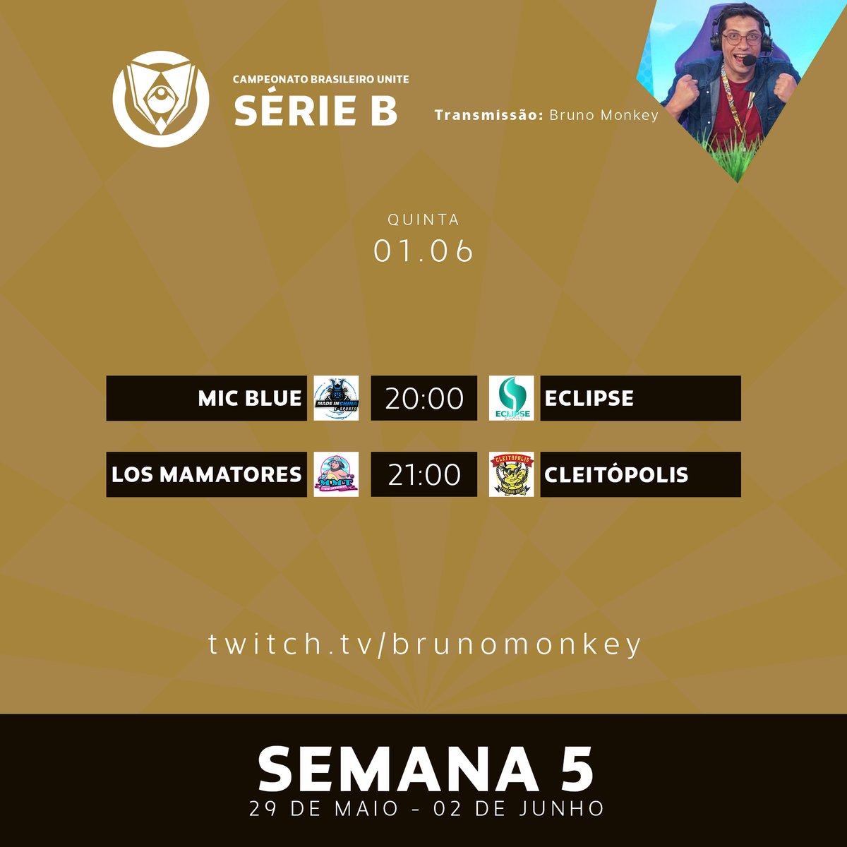 CBU Pokémon UNITE 🎀 (@cbpunite) on Twitter photo 💛 ECLIPSE AZUL E CLEITON LEITE!
Nessa quinta de #CBU2023 teremos 2 partidaças no canal do <a href="/brunomonkey22/">Bruno Monkey 🎀</a>, o topo tá logo ali!
⚔️ MIC Blue x Eclipse
⏰ 20h00
⚔️ Los Mamatores x Cleitópolis
⏰ 21h00
twitch.tv/brunomonkey 💛 ECLIPSE AZUL E CLEITON LEITE!
Nessa quinta de #CBU2023 teremos 2 partidaças no canal do <a href="/brunomonkey22/">Bruno Monkey 🎀</a>, o topo tá logo ali!
⚔️ MIC Blue x Eclipse
⏰ 20h00
⚔️ Los Mamatores x Cleitópolis
⏰ 21h00
twitch.tv/brunomonkey