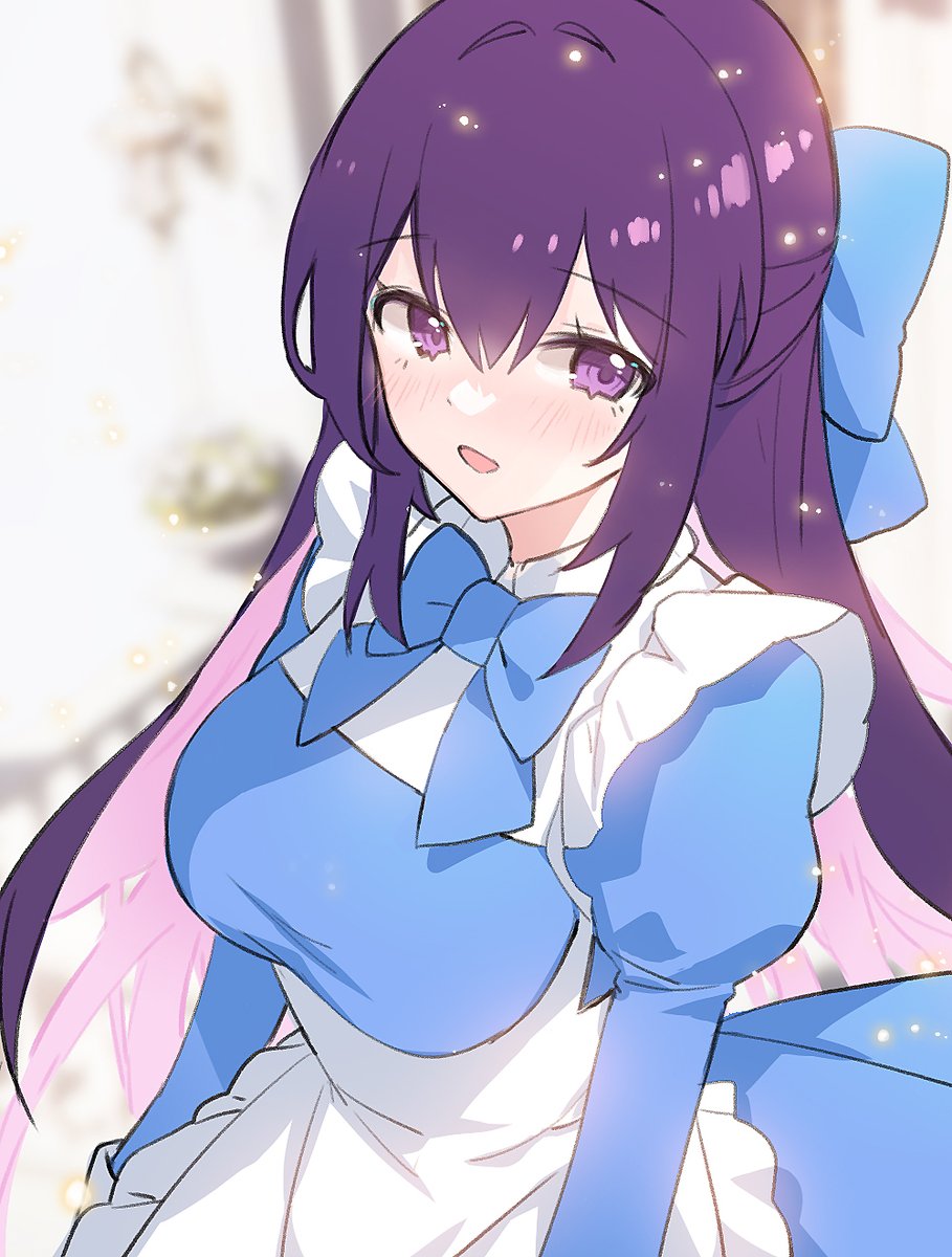 1girl bow solo apron purple eyes breasts blue bow  illustration images