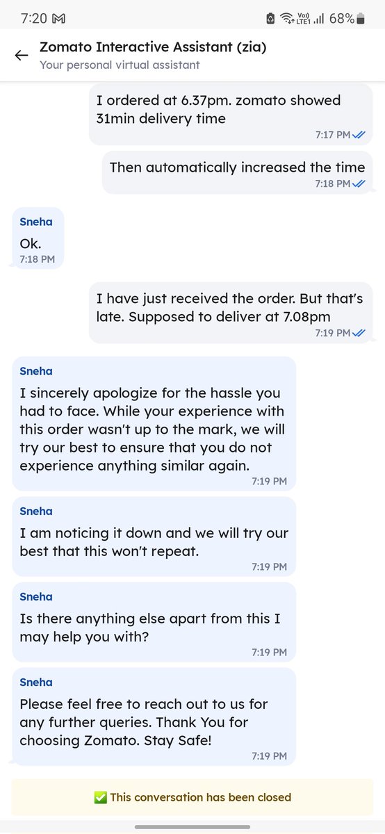 pathetic support by <a href="/zomato/">zomato</a> <a href="/zomatocare/">Zomato Care</a> 
Didn't gave me a moment to type and closed the chat.