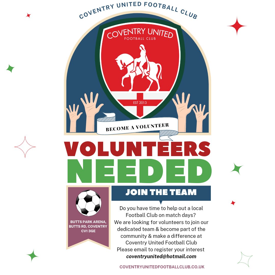CoventryUnitedFans (@coventryutdfans) on Twitter photo Coventry United Football Club
Are currently looking for Volunteers to help out on Match Days at the Butts Park Arena.
We play on Saturday afternoons & mid week games.
Please email for further details: Coventryunited@hotmail.com
Coventryunitedfootballclub.co.uk
<a href="/CovUnited/">Coventry United FC</a>
π΄π’β½οΈ Coventry United Football Club
Are currently looking for Volunteers to help out on Match Days at the Butts Park Arena.
We play on Saturday afternoons & mid week games.
Please email for further details: Coventryunited@hotmail.com
Coventryunitedfootballclub.co.uk
<a href="/CovUnited/">Coventry United FC</a>
π΄π’β½οΈ