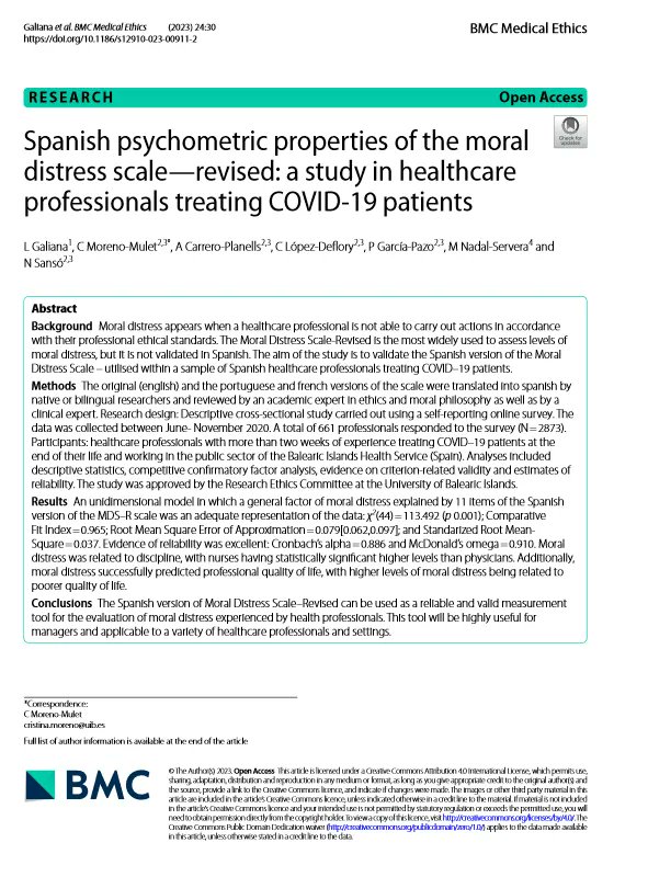 Nou article a #Docusalut: Spanish psychometric properties of the moral distress scale-revised: a study in healthcare professionals treating COVID-19 patients buff.ly/3C4lpQZ @idisbaib @ibsalut @cmoreno37 @MateuNadalSer #PublicaSalutIB
