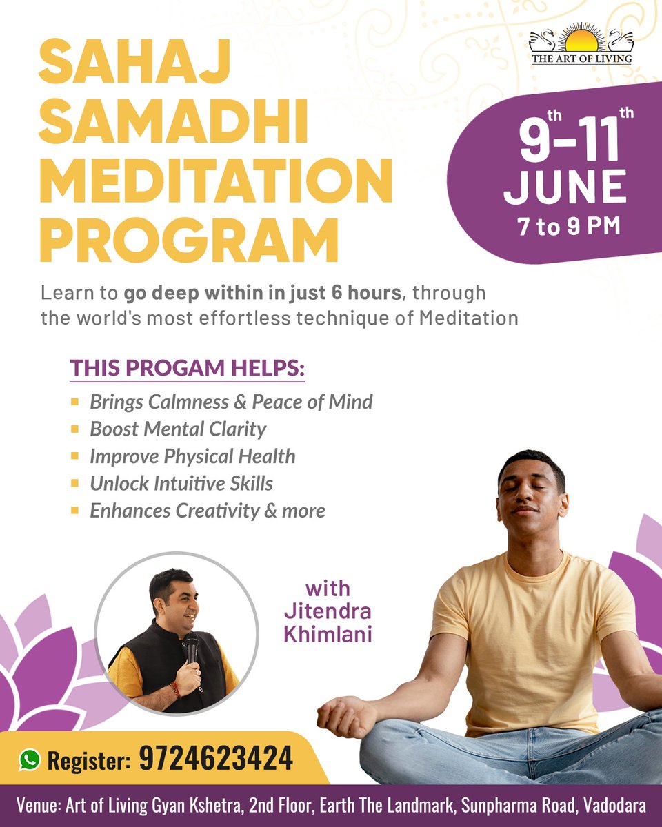 Learn to go deep within in just 6 hours through the world's most effortless technique of #Meditation.
Join my upcoming Program
#ArtofLiving's
SAHAJ SAMADHI MEDITATION
9 - 11 June
Evening 7 - 9  pm
#Vadodara
Call 9724623424
#sahaj #sahajsamadhimeditation #srisri #sahajsamadhi