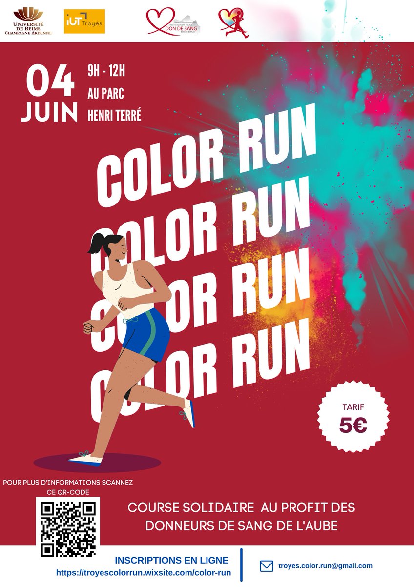 📅 Nos étudiants GEA vous donnent RDV ce dimanche au Parc Henri Terré <a href="/VilledeTroyes/">Ville de Troyes</a> pour une ambiance conviviale et dynamique, accompagnée de musique entraînante.
🌈 COLOR RUN SOLIDAIRE au profit des donneurs de sang de l'Aube. <a href="/universitereims/">Université de Reims Champagne-Ardenne</a> #iut #troyes