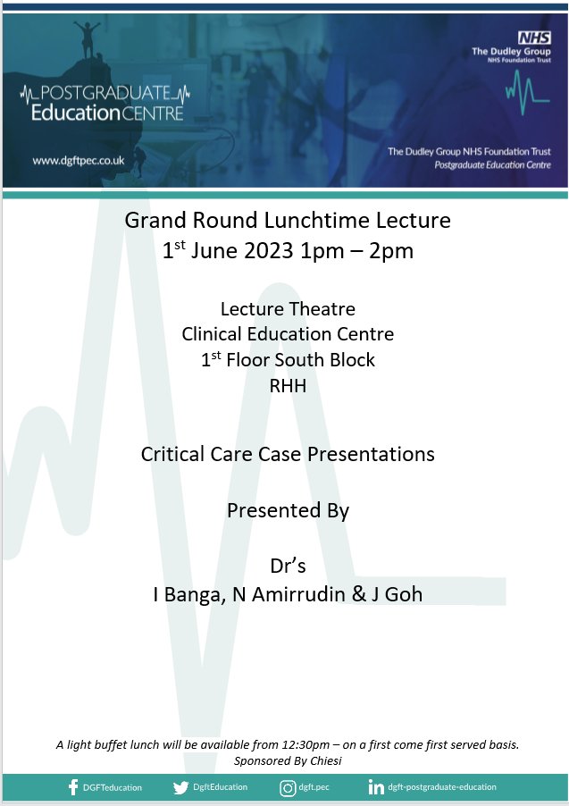 This week's Grand Round lunchtime lectures

Critical Care Case Presentations

Presented by @irmeet , N Amirrudin and J Goh

Thursday 1st June, 1pm - 2pm, Clinical Education Centre. Lunch from 12.30.

MS Teams link from dgft.postgraduatequeries@nhs.net