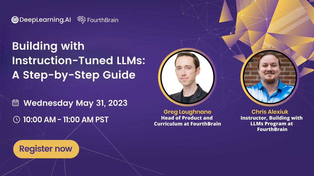 Starting soon: Building with Instruction-Tuned LLMs: A Step-by-Step Guide.

Instructors will cover:
How to leverage instruction-tuned LLMs in AI Applications.
Emerging best practices of fine-tuning LLMs.
The best open-source, instruction-tuned LLMs.

RSVP: hubs.la/Q01RnVvq0