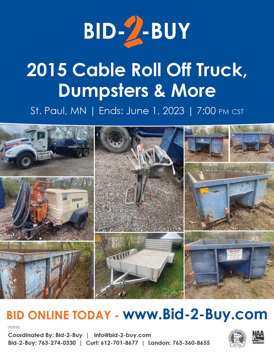 ⏰Don't miss out, this auction ends TONIGHT😲

2015 Cable Roll Off Truck, Dumpsters & More

bid-2-buy.com/auctions/detai…

#weareauctions #naapro #auctionswork #auctions
