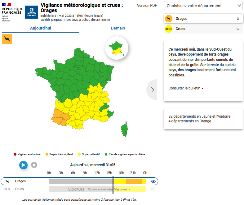 ⚠️⛈️ #vigilanceorange 🟠
Ce #mercredi soir, dans le #SudOuest du pays, développement de forts #orages pouvant donner d'importants cumuls de pluie et de la grêle. Sur  le reste du sud du pays, des orages localement forts restent possibles.

👉vigilance.meteofrance.fr