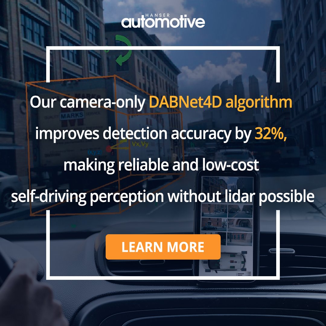 IEITSYSTEMSEur's tweet photo. How can #AutonomousVehicles see? Our DABNet4D algorithm dramatically improves perception by using an explicit depth prediction network and a spatial-temporal fusion to keep everything in view. Find out how it's achieved at @HANSERauto: https://t.co/0gsAE8DuDt https://t.co/XlsYevpc3L