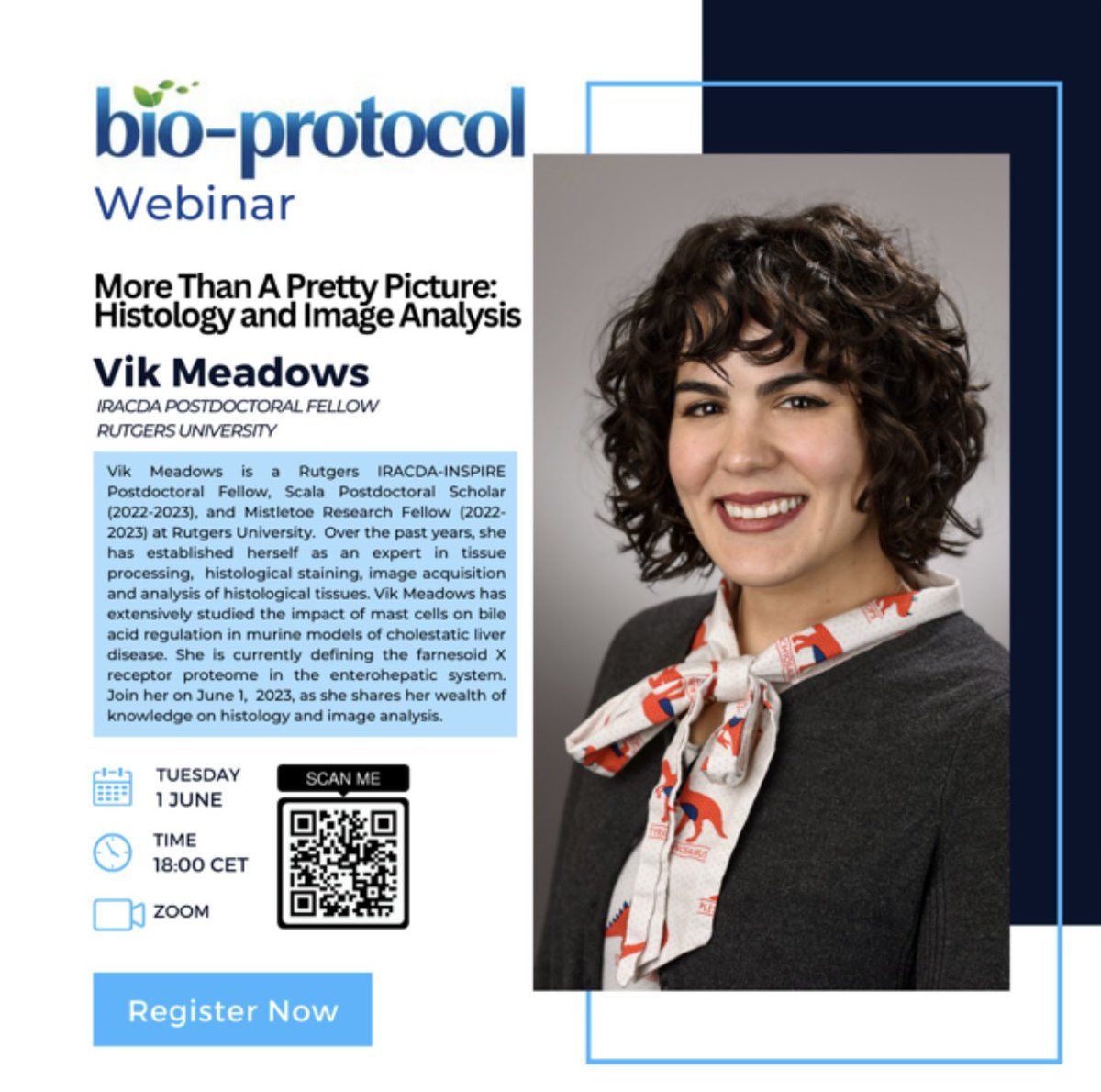 Bio-protocol webinar on Imaging Technique with IUSM alumni Dr. Vik Meadows @TXevergreengirl Thursday, June 1st 12:00pm EST Register at: qr.codes/CwBFEL