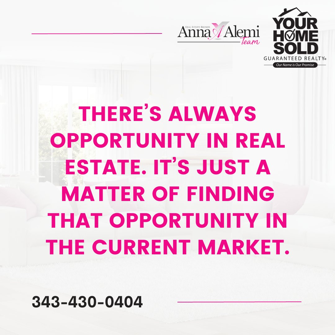 There’s always opportunity in real estate. It’s just a matter of finding that opportunity in the current market.

And we can help you with that! Call us directly at 343-430-0404.

#annaalemi #ottawa #ottawarealtor #ottawarealestateagent #realtorlife #lifeofarealtor #realtorcanada