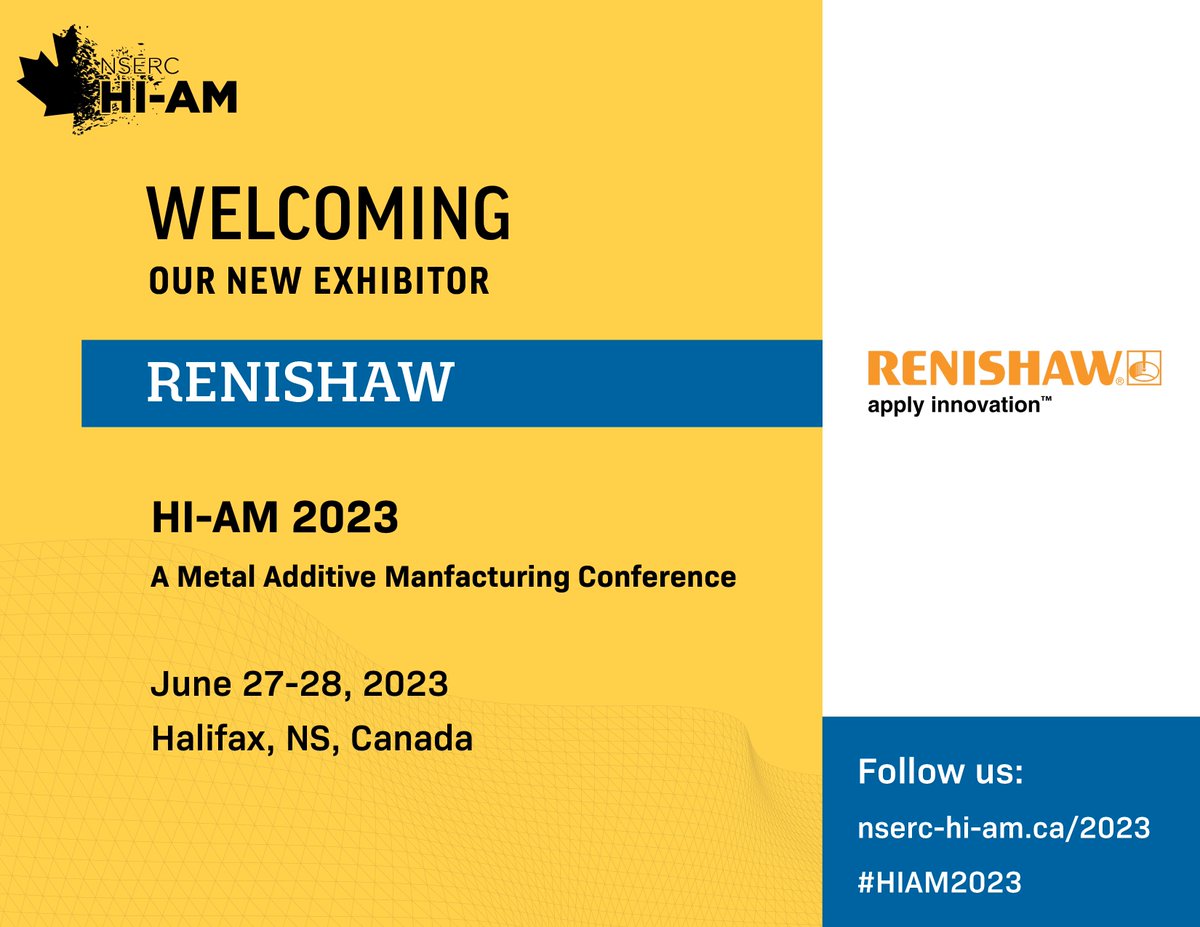 We are thrilled to announce that <a href="/RenishawAM/">Renishaw Additive</a> will be present at #HIAM2023 as an exhibitor. Visit our website for more information about the conference:  nserc-hi-am.ca/2023/
Registration deadline: June 10, 2023

#conference #exhibition #additivemanufacturing
