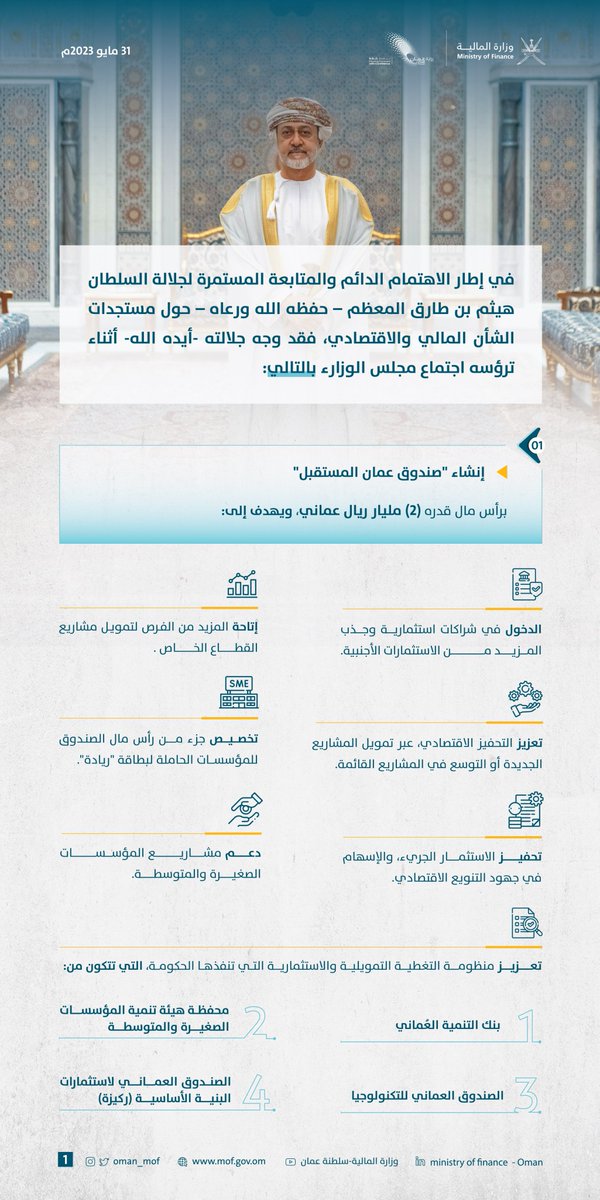 OMAN_MOF's tweet photo. جلالة السلطان هيثم بن طارق المعظم - حفظه الله ورعاه - يوجه مجلس الوزراء بتنفيذ مجموعة من الأوامر السامية.

#وزارة_المالية_العمانية https://t.co/p7Llz7bZoV