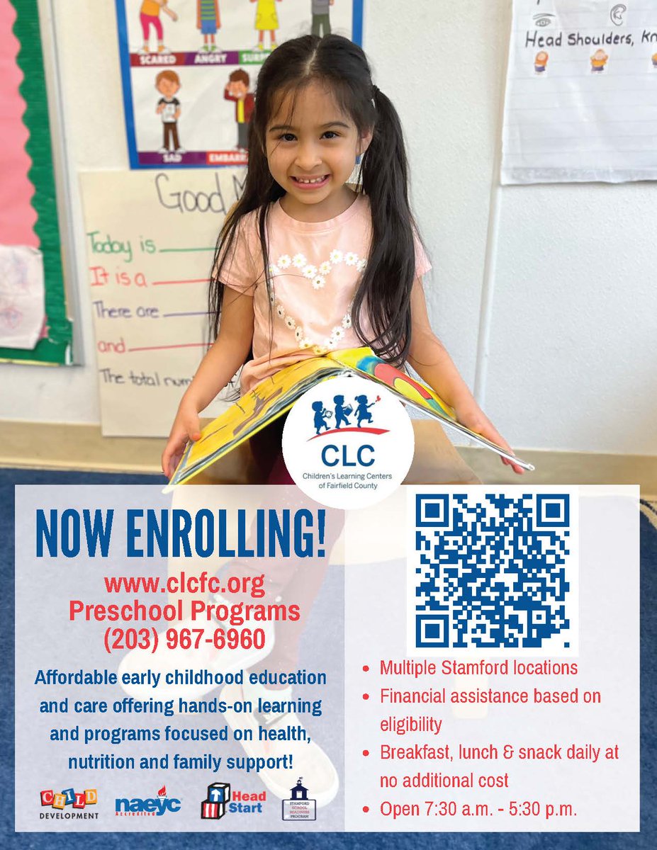 StamfordC2C's tweet photo. CLC NOW ENROLLING!
Affordable early childhood education and care offering hands-on learning and programs focused on health. Financial assistance based on eligibility.
Multiple Stamford locations.
Enrollment: https://t.co/uggNDjT0dV https://t.co/RHjdj12AVd