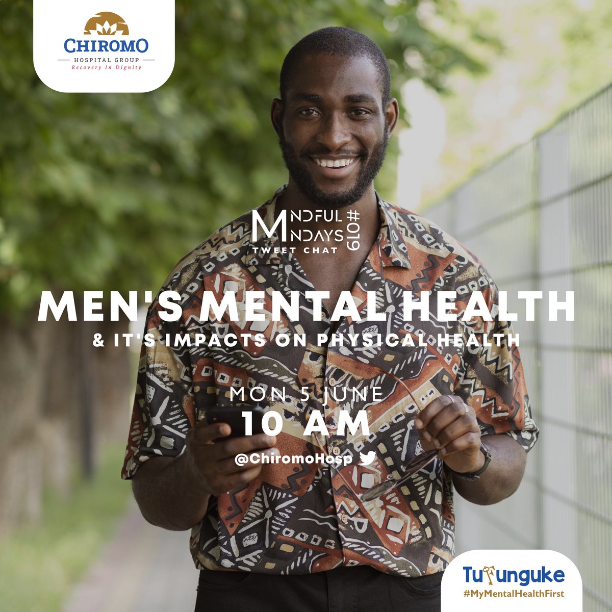 Chiromo Hospital Group (@chiromohospgrp) on Twitter photo It's #MensHealthMonth & our 19th #MindfulMondays Tweet Chat is on from 10AM
Topic: 'Men's Mental Health and its Impact on Physical Well-being'
Panel :<a href="/tikiglad/">tecla karimi</a> <a href="/CarolsammyG/">CarolsammyG</a> <a href="/Keepkow029/">edgar kipkoech</a> <a href="/DenisDeniswabs/">Denis</a> <a href="/0c0d0ba6041940e/">Jimmy Mukoka</a> <a href="/Winfrey_Milton/">Winfrey Achieng</a> <a href="/njambi_gacheru/">Psychologist Magdaline Njambi</a> <a href="/FaithOgega1/">Faith Mwango Ogega</a>
#Tufunguke It's #MensHealthMonth & our 19th #MindfulMondays Tweet Chat is on from 10AM
Topic: 'Men's Mental Health and its Impact on Physical Well-being'
Panel :<a href="/tikiglad/">tecla karimi</a> <a href="/CarolsammyG/">CarolsammyG</a> <a href="/Keepkow029/">edgar kipkoech</a> <a href="/DenisDeniswabs/">Denis</a> <a href="/0c0d0ba6041940e/">Jimmy Mukoka</a> <a href="/Winfrey_Milton/">Winfrey Achieng</a> <a href="/njambi_gacheru/">Psychologist Magdaline Njambi</a> <a href="/FaithOgega1/">Faith Mwango Ogega</a>
#Tufunguke