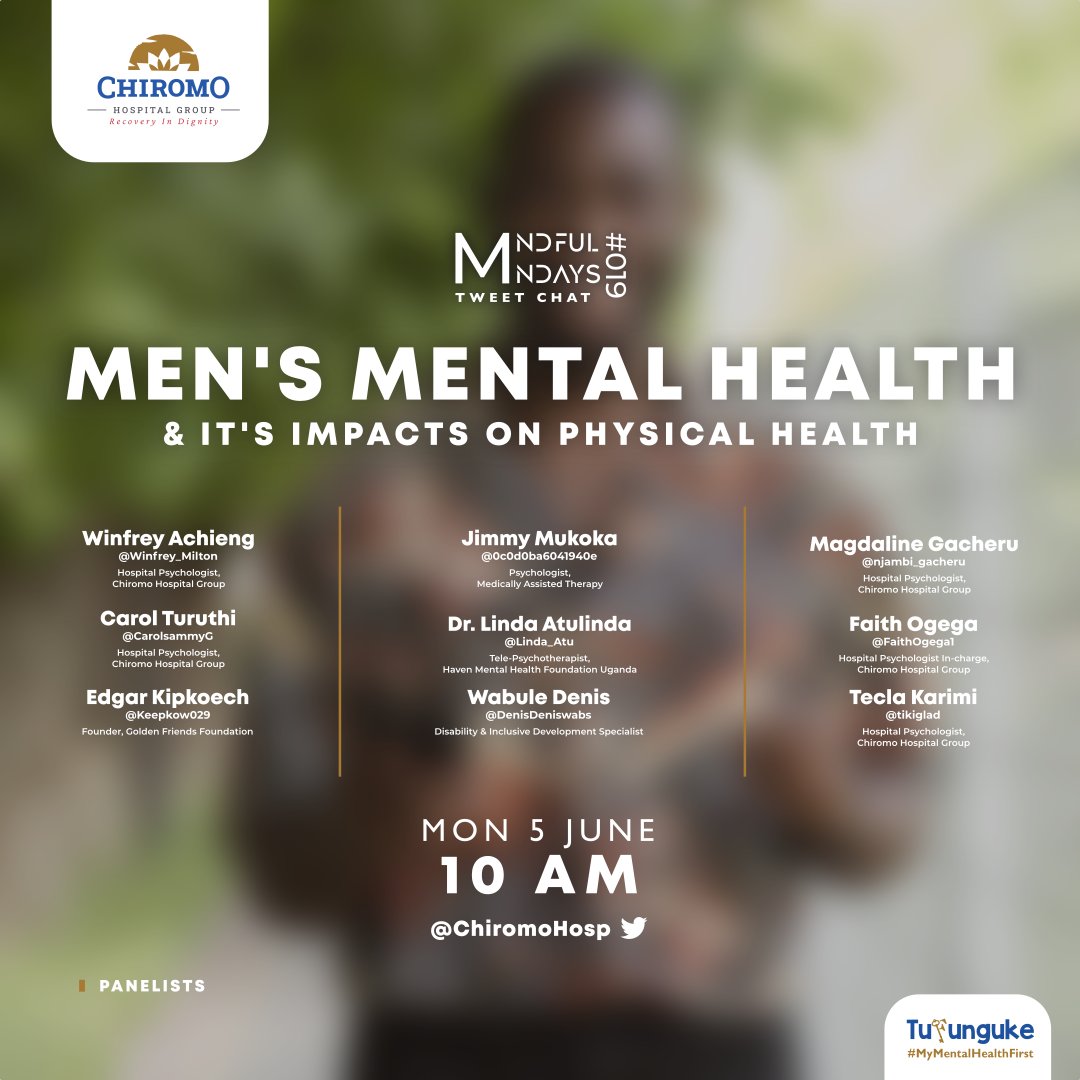 This is the 19th #MindfulMondays Tweet Chat where we demystify #mentalhealth Topic: 'Men's Mental Health and its Impact on Physical Well-being' @tikiglad @CarolsammyG @Keepkow029 @DenisDeniswabs @0c0d0ba6041940e @Winfrey_Milton @njambi_gacheru @FaithOgega1 #Tufunguke