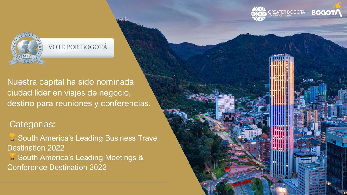 orgullobogota1's tweet photo. ¡Vote por Bogotá como mejor destino para turismo de negocios en los World Travel Awards!
1. Haga clic en el enlace: https://t.co/FZl1ZMezUG
2. Dé clic en Vote Now, luego en Register e ingrese datos.
3. Seleccione las categorías. 
4. Verifique su correo. https://t.co/EgQKe9oICf https://t.co/dfwWnEWf7m