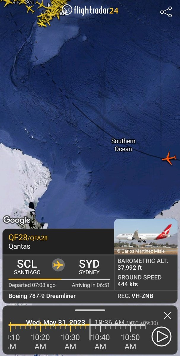 wanderinganimal's tweet photo. 31 May.
@Qantas Santiago-Syd.
#TagPlaneReg #VHZNB
Fl- QF28.
Almost over Antarctica.
Definitely not a normal flight path, & definitely it's linked with #Antarctica #Skyspraying #SkyCrimes.
#Rainblocking.
#IceMelting?
#ClimateEngineering.
@danewigington.
@planehashtagreg. https://t.co/V8VLbjqgri