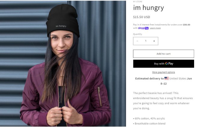 what a cool beanie! #shopify #beanie #hungry https://t.co/b91YQuSjib<a href="/tag/shopify"class="tags">#shopify</a><a href="/tag/beanie"class="tags">#beanie</a><a href="/tag/hungry"class="tags">#hungry</a>