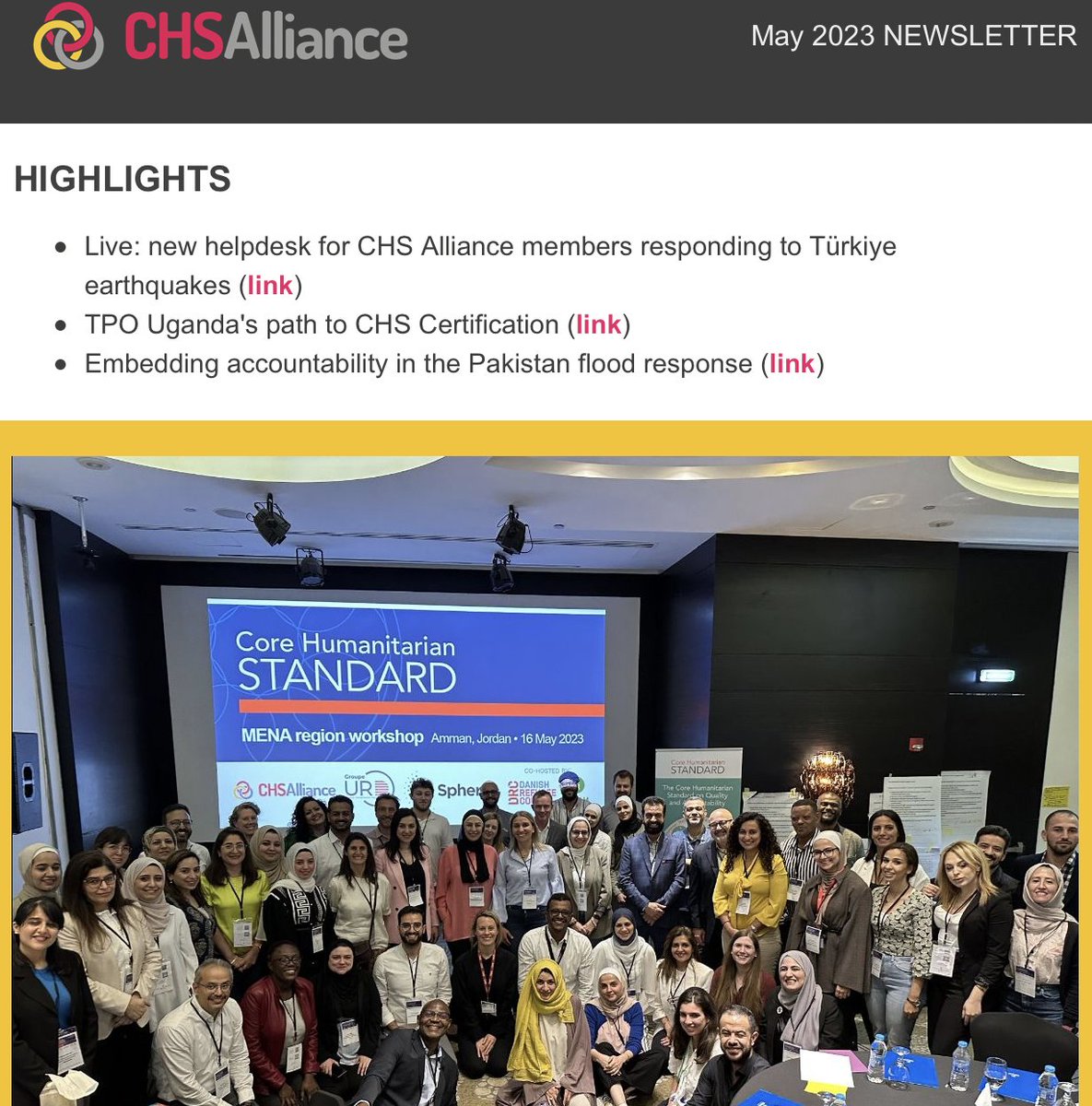 CHS_Alliance's tweet image. 📢Latest @CHS_Alliance newsletter out now!

➡️ Updated #CoreHumanitarianStandard #CHS: first draft shared in Amman.

➡️ New #helpdesk for members &amp;amp; their partners applying the #CHS in #Türkiye earthquakes  response.

➡️ &amp;amp; much more...

Read it here👇
bit.ly/3C8ID8w