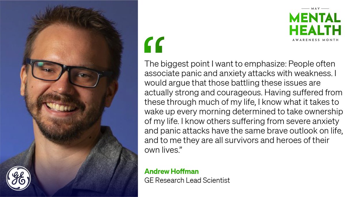 May is #MentalHealthAwarenessMonth. To help break the stigma, <a href="/GEResearch/">GE Research</a>  Lead Scientist Andrew Hoffman shares a glimpse into his mental health journey. Here’s what Andrew had to say about dealing with the challenges of mental health in the workplace bit.ly/3qhNuBN
