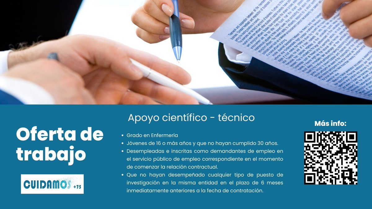 Investenisciii's tweet photo. OFERTA DE TRABAJO
El proyecto #Cuidamosmas75 busca persona de apoyo científico-técnico
💻 Requisitos:
➡G. en Enfermería
➡Menores de 30 años
➡Inscritxs como demandantes de empleo en el @empleo_SEPE en el momento de comenzar la relación contractual.  
🔗https://t.co/0TZ5Cz90TS https://t.co/zwW1g5NXFT