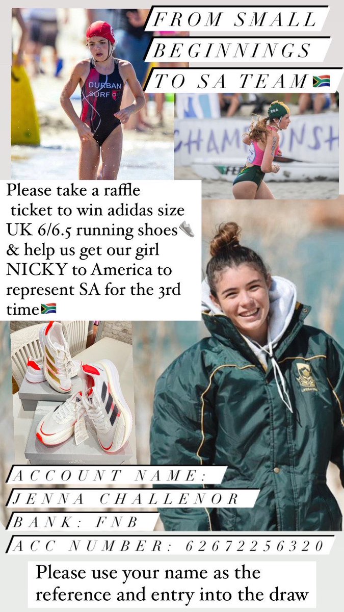 Please take a raffle ticket to help us raise funds to get our girl NICKY to America to represent South Africa in September. 🇿🇦🇿🇦🇿🇦

Stand a chance to win an awesome pair of adidas running shoes to the value of R1500, size uk 6 or 6.5 . R50 gets u one entry. Details below 

ThankU