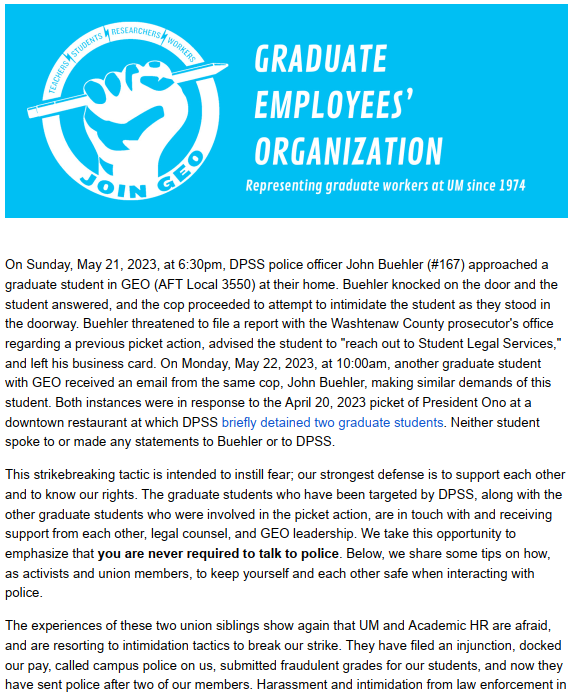 geo3550's tweet image. BREAKING: U-M escalates broad policing powers to intimidate a union member at their home. This comes after months of intimidating picketers on the lines, sending so-called "campus police" miles away from campus to surveil union pickets, and detaining members. Our statement: