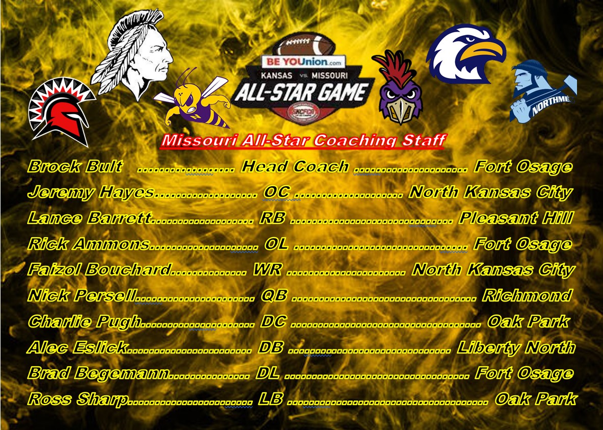 Congratulations to the BeYOUnion All-Star coaching staffs representing their schools as well as volunteering their time to Coach this game!  BeYOUnion All-Star game is Friday June 16th at Ray-Pec HS - Tickets can be purchased here: kcprepfootball.org