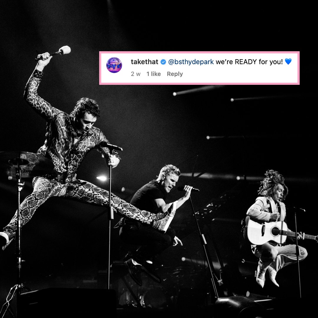 BSTHydePark's tweet photo. Only 1 month to go until one of the UK’s biggest pop groups, @takethat, performs at American Express presents BST Hyde Park 🫶

What is your favourite Take That lyric? 🎤

#BSTHydePark | #TakeThat https://t.co/As5S9kcUxF