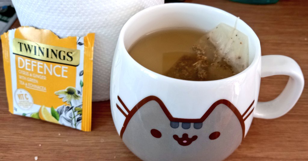 #Pusheen is cheering my #afternoontea cup on #Twinings Defence is citrus, ginger, #greentea  & echinacea 🌟 still not 100% over my vold so an extra boost can't hurt. Because i don't add milk to herbal tea i add a bit of cold water to help it be a drinkable temp