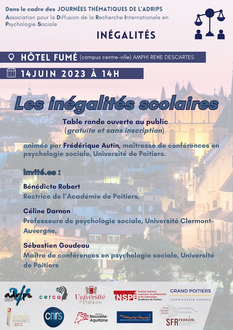 Dans deux semaines, en ouverture  des journées thématiques organisées par notre laboratoire, une table ronde sur les inégalités scolaires aura lieu à l’hôtel fumé en présence de Madame la Rectrice <a href="/BndicteRobert/">Bénédicte Robert</a> 
Cette table ronde est ouverte à toutes et tous sans inscription