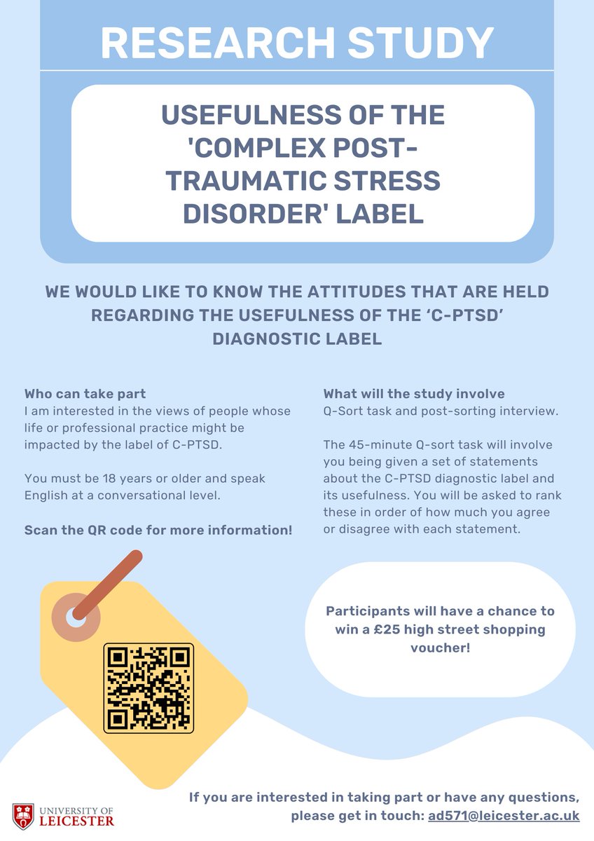 Research looking into attitudes towards the 'C-PTSD' diagnostic label. If your life or professional practice has been impacted by the C-PTSD label I would love to hear from you. Contact details below! #ComplexPTSD #CPTSD #ComplexTrauma