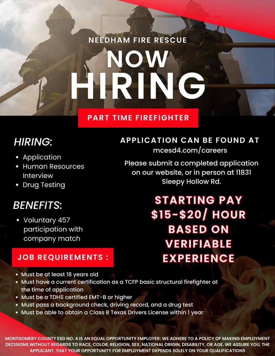 needhamfiretx's tweet photo. We are H I R I N G for Part-Time Firefighter! Application can be found at https://t.co/mUFiPWoXRk. Come and join our team! 🧑‍🚒🚒 https://t.co/pjNQFPCIbJ