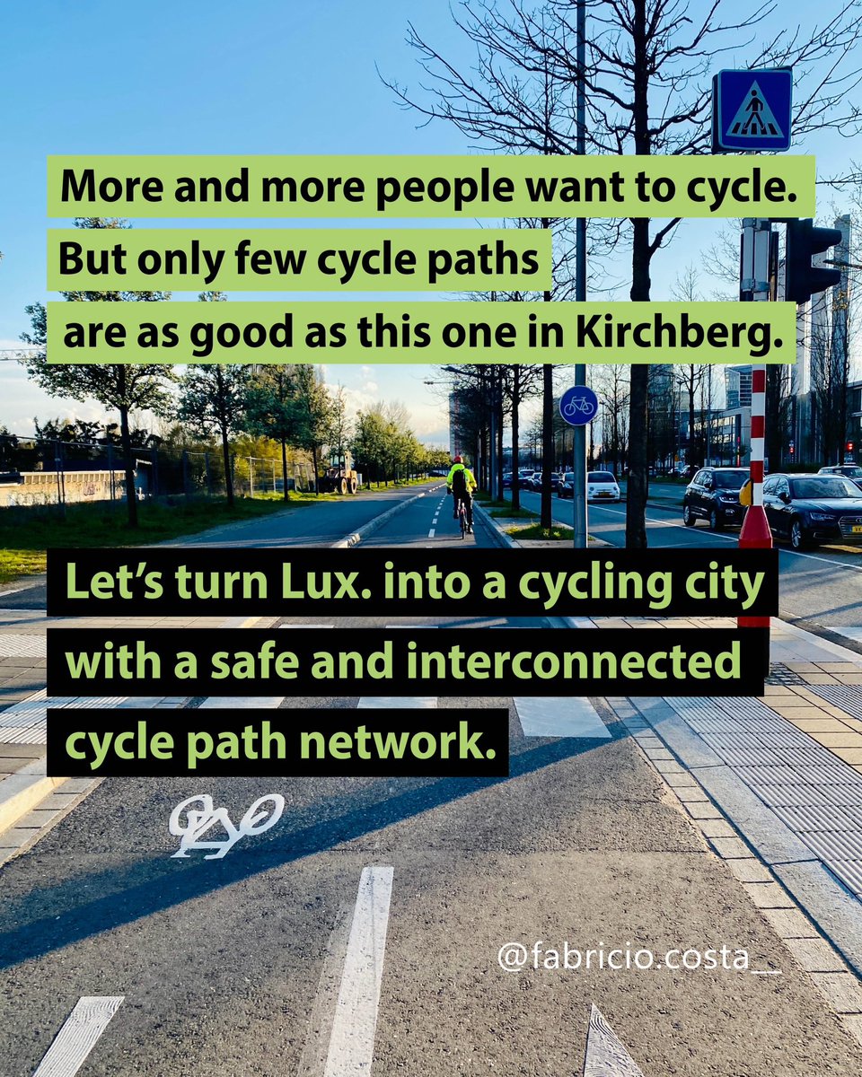 As <a href="/deigreng/">déi gréng</a>, we‘ve already implemented sustainable mobility e.g. with the tram and safe cycle paths in Kirchberg. 
After years of slow progress in 🇱🇺-city, it‘s time to apply this to the whole city, increasing safety for cyclists as well as pedestrians.
#votegreen #votebike2023
