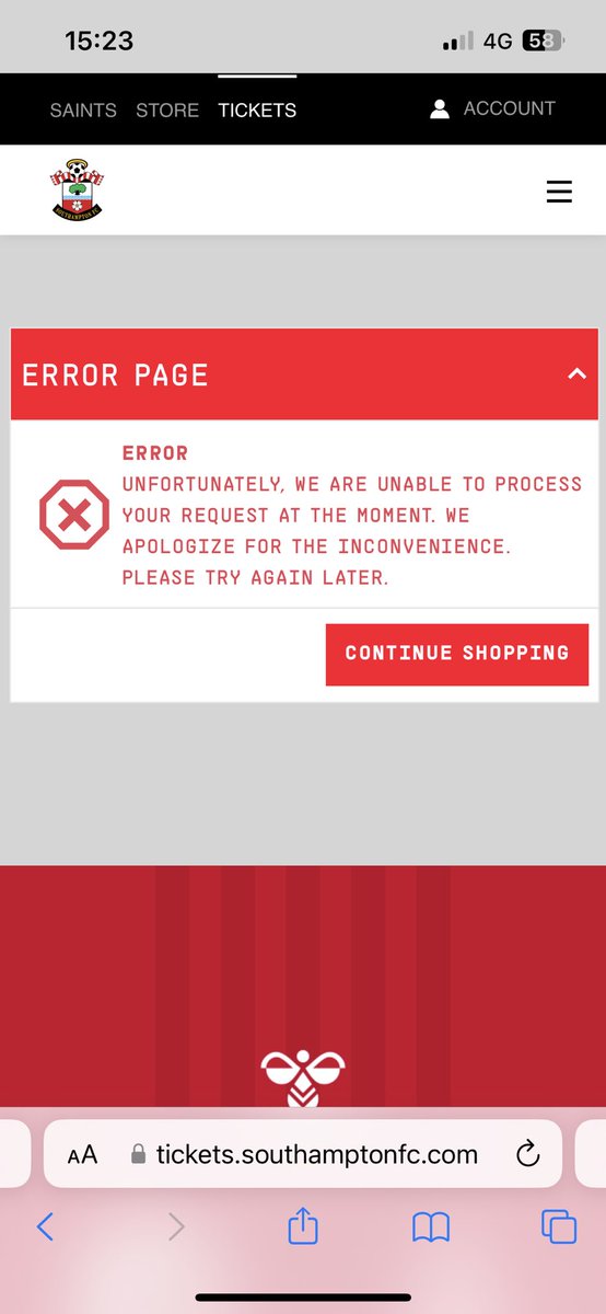 sambridge76's tweet photo. @SouthamptonFC Looking to purchase but keep getting the below message? https://t.co/q7JSAFS0X4
