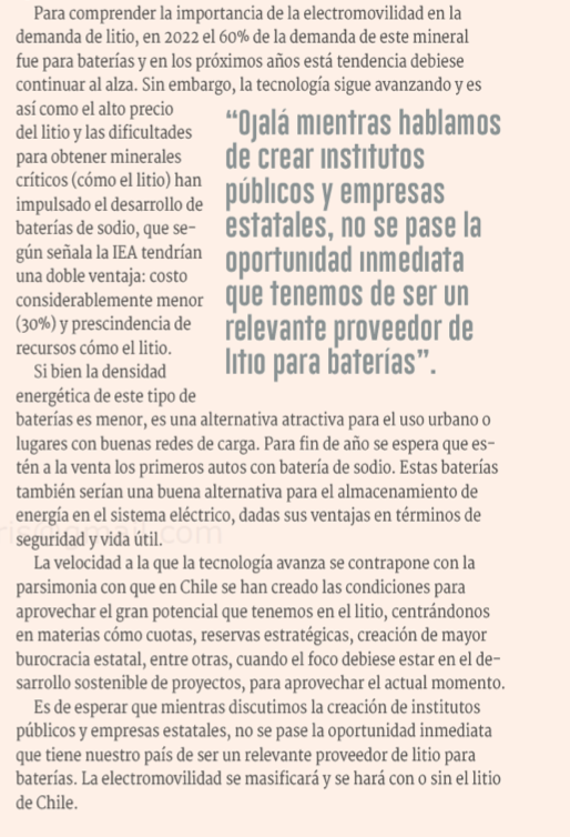 Comparto columna publicada hoy en el <a href="/DFinanciero/">Diario Financiero</a>  sobre el rápido crecimiento de la electromovilidad a nivel global y la necesidad inmediata de litio para baterías, en contraste a la lentitud de Chile para ser un actor clave en la transición energética en el transporte.
