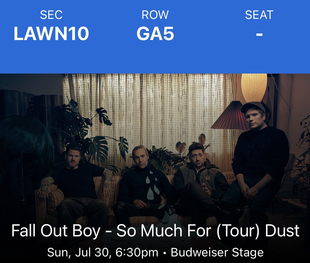 ChiEDans1975's tweet photo. I’m selling my LAWN ticket Fall Out Boy - So Much For (Tour) Dust at Budweiser Stage in Toronto for $150. Selling because I have a trip on that day. DM me if you want it! https://t.co/Vhpcy7qvQF